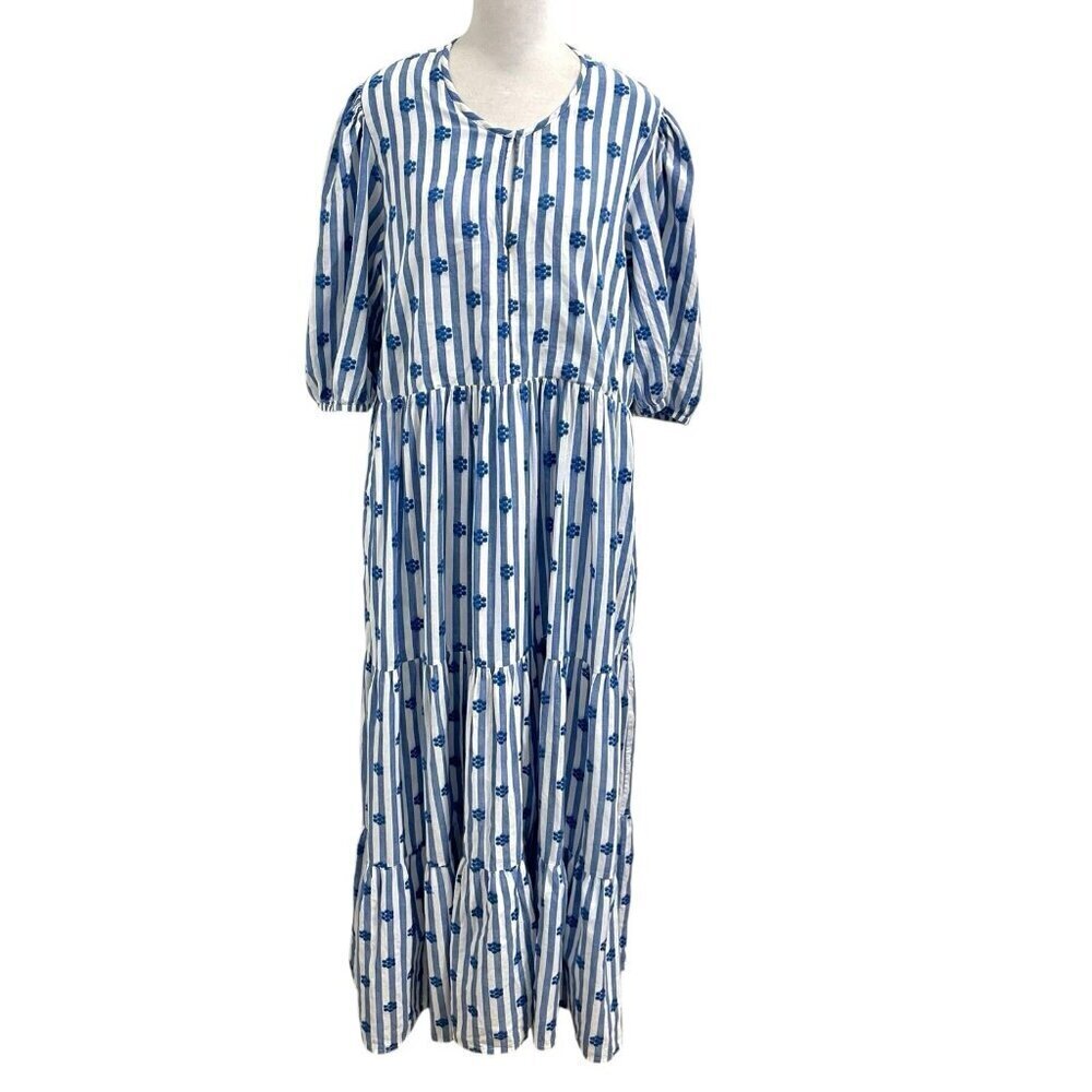 Oliphant Embroidered Floral Puff Sleeve Maxi Dress Pockets Capri Blue size XL